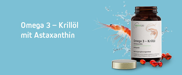 Omega 3 Krillöl Dose, im Vordergrund einige Kapseln, im Hintergrund ein Krill und Wasserspritzer