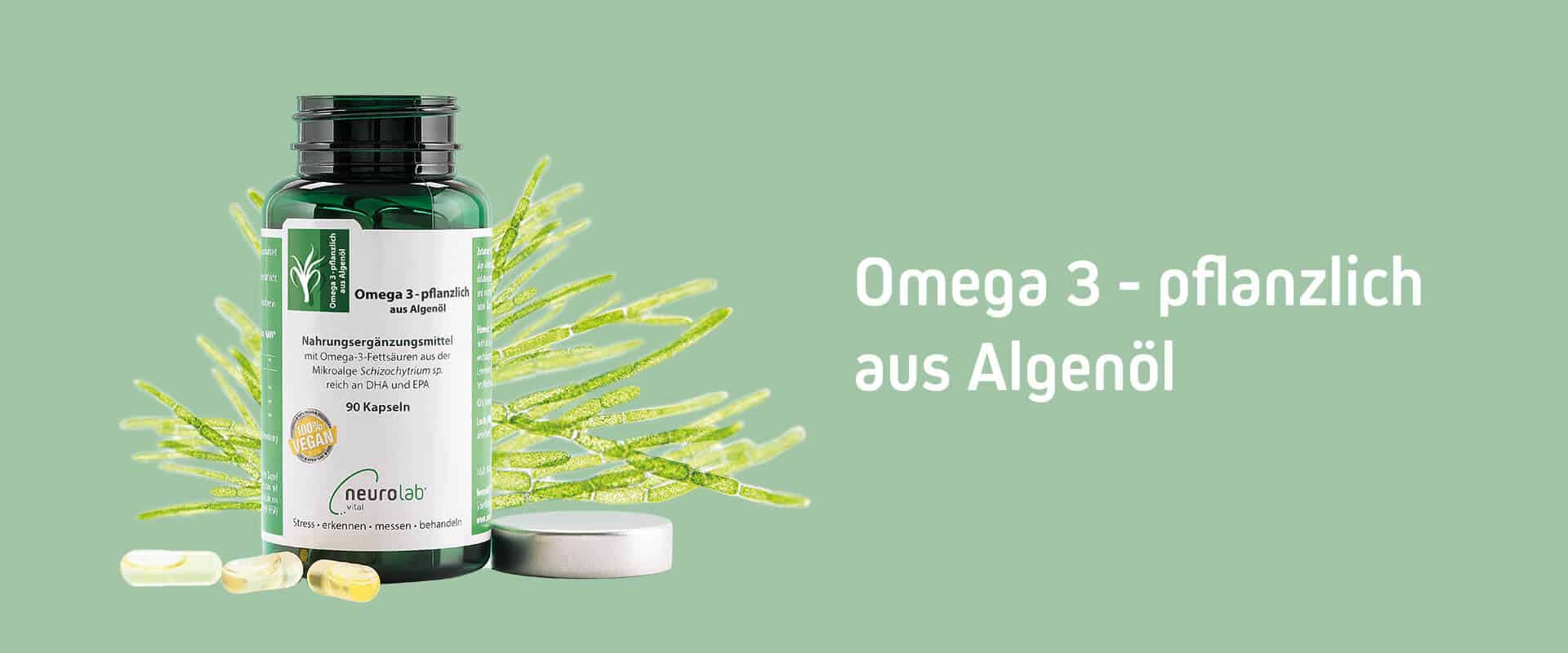 Omega 3-pflanzlich Dose mit Mikroalgen im Hintergrund