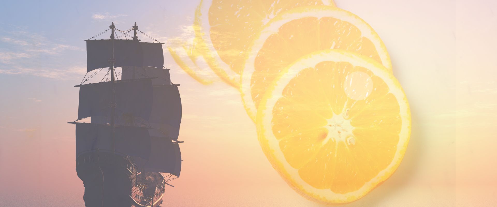 Seefahrer-Schiff kombiniert mit Zitrusfrüchten als Symbol für Vitamin C