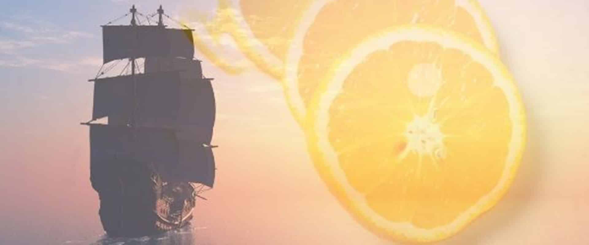 Seefahrer-Schiff kombiniert mit Zitrusfrüchten als Symbol für Vitamin C