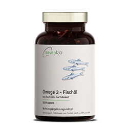 Omega-3 Fischöl Kapseln in einer Dose beschriftet mit "Omega 3 – Fischöl" vor einem weißen Hintergrund.