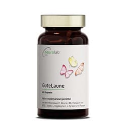 Gute Laune Vitamine in einer Dose beschriftet mit "GuteLaune" vor einem weißen Hintergrund.