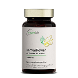 Vitamin C + Zink Kapseln in einer Dose mit weißem Etikett, beschriftet mit "ImmunPower" vor neutralem Hintergrund.