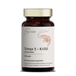 Omega-3 Krillöl Kapseln in einer Dose beschriftet mit "Omega 3 – Krillöl" vor einem weißen Hintergrund.