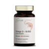 Omega-3 Krillöl Kapseln in einer Dose beschriftet mit "Omega 3 – Krillöl" vor einem weißen Hintergrund.