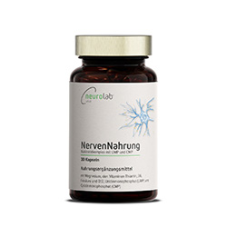 Vitamine für Muskeln und Nerven in einer Dose beschriftet mit NervenNahrung steht vor einem weißen Hintergrund mit Studio Beleuchtung