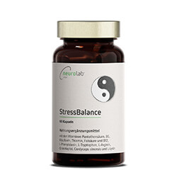Anti-Stress Kapseln in einer Dose beschriftet mit "StressBalance" vor einem weißen Hintergrund.