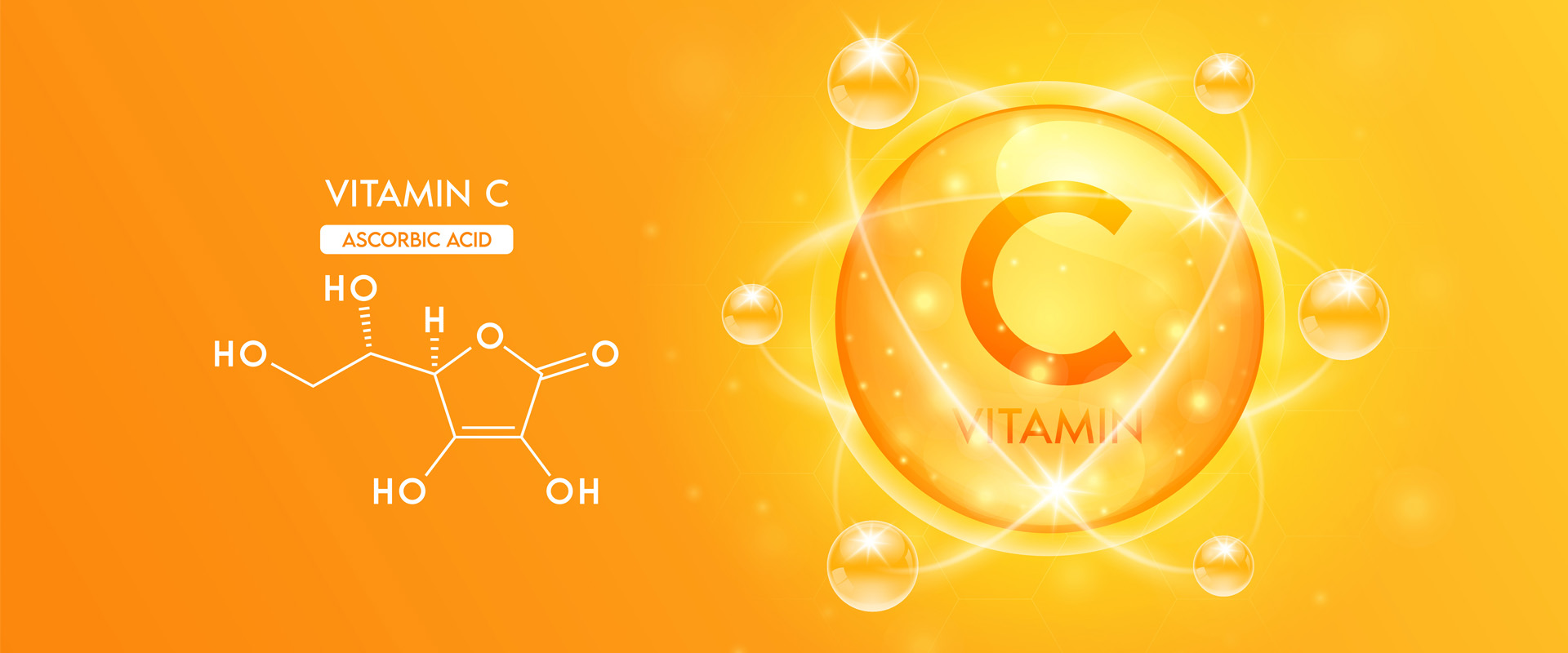 Die chemische Verbindung von Vitamin C auf orange-gelbem Hintergrund