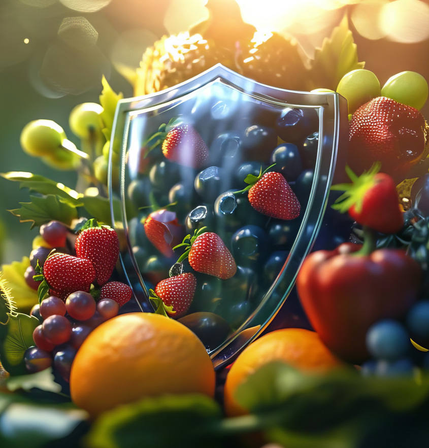 Ein durchsichtiges Schutzschild ist befüllt mit gesundem Obst, daneben liegt weiteres Obst und Gemüse