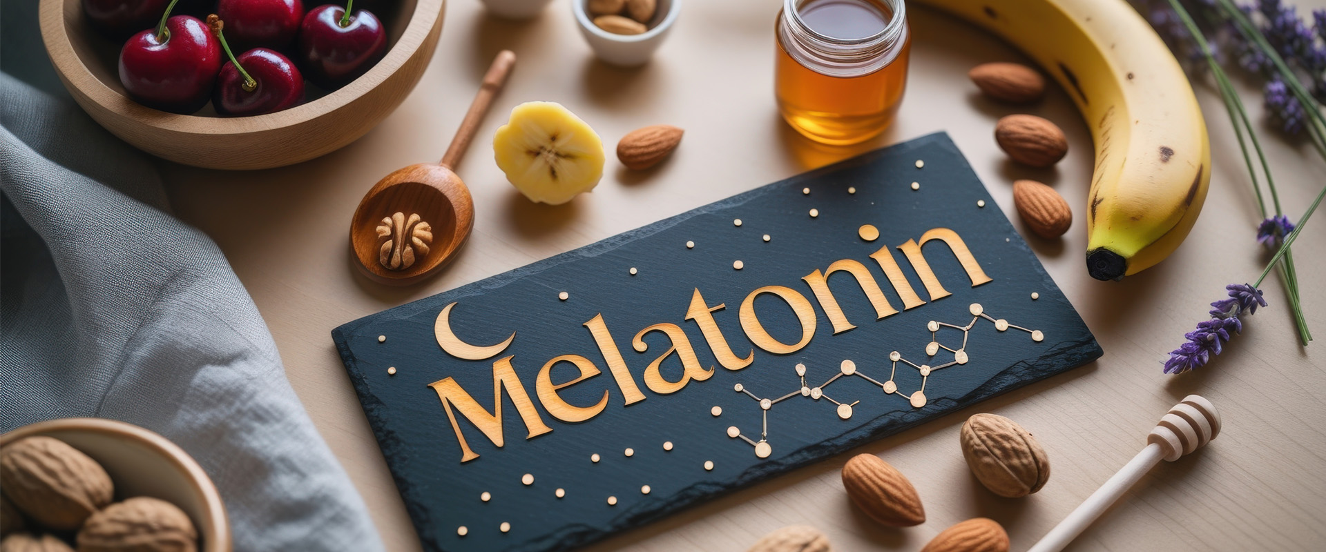 Auf dem Tisch liegt eine Schiefertafel mit dem Wort "Melatonin". Daneben sind Nüsse, Obst, Lavendel und ein Glas Honig drapiert