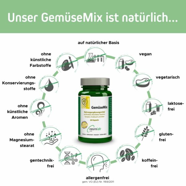 Das Bild zeigt die natürlichen Inhaltsstoffe von GemüseMix und den Verzicht auf unnötige Zusatzstoffe