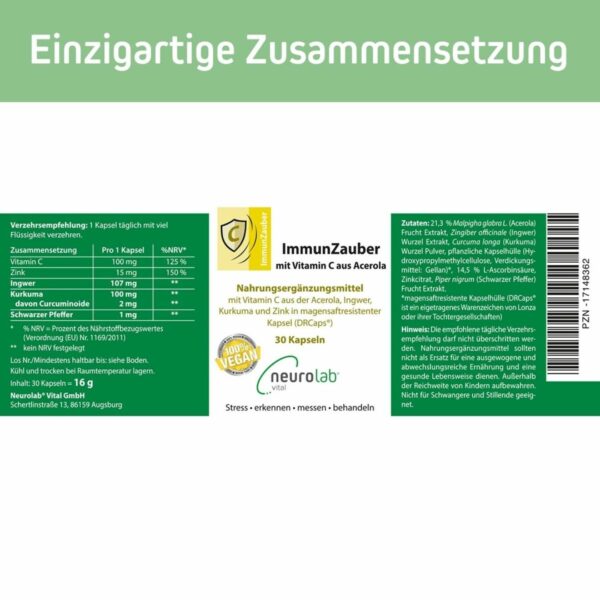 Das Bild zeigt die einzigartige Zusammensetzung von ImmunZauber mit Vitamin C aus Acerola