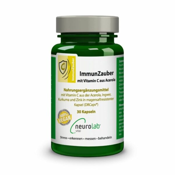Das Bild zeigt die Verpackung von ImmunZauber mit Vitamin C aus Acerola von neurolab vital