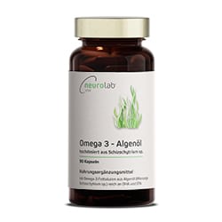 Das Bild zeigt die Verpackung von Omega 3 pflanzlich aus Algenöl