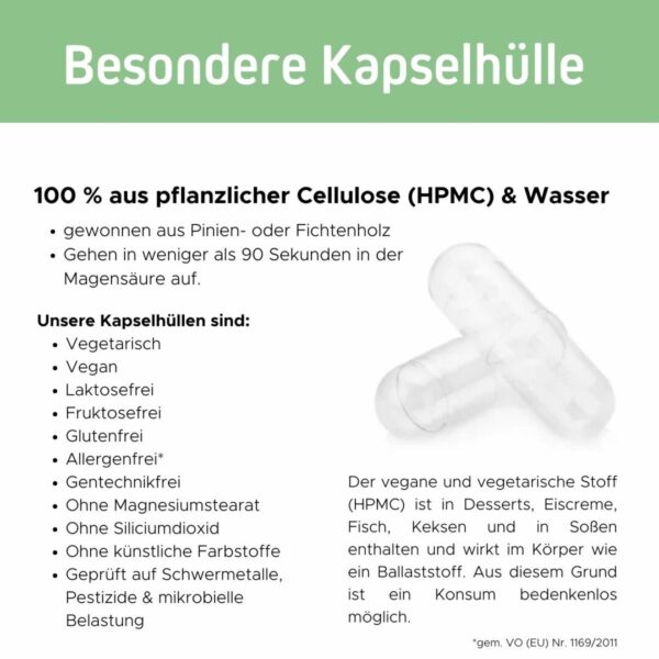 Das Bild zeigt die Besonderheiten und Vorteile der verwendeten veganen Kapselhüllen