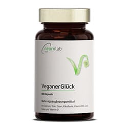 Ein veganes Multivitamin Komplex steht zentral, beschriftet mit "VeganerGlück" vor einem weißen Hintergrund.