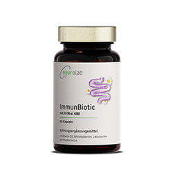 Eine Dose ImmunBiotic steht vor einem weißen Hintergrund mit Studio Beleuchtung