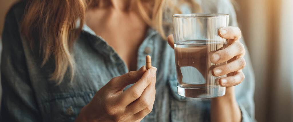 Eine Frau hält eine Kapsel in der rechten und ein Wasserglas in der linken Hand