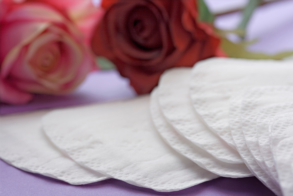 Slipeinlagen und Rosen im Hintergrund symbolisieren den Zyklus der Frau