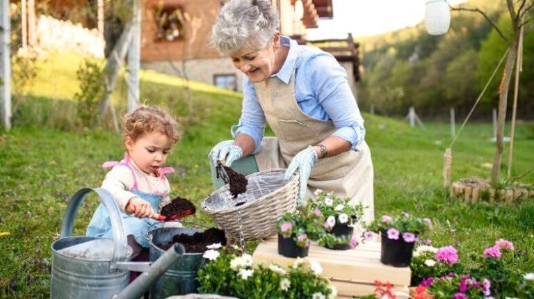Ein ältere Dame pflanzt mit ihrer Enkelin Blumen im Garten