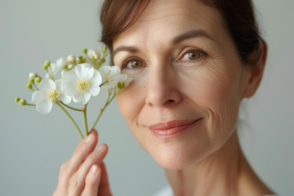 Zufriedene Frau mittleren Alters, die eine schöne Blume an ihr Gesicht hält