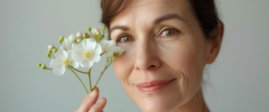 Zufriedene Frau mittleren Alters, die eine schöne Blume an ihr Gesicht hält